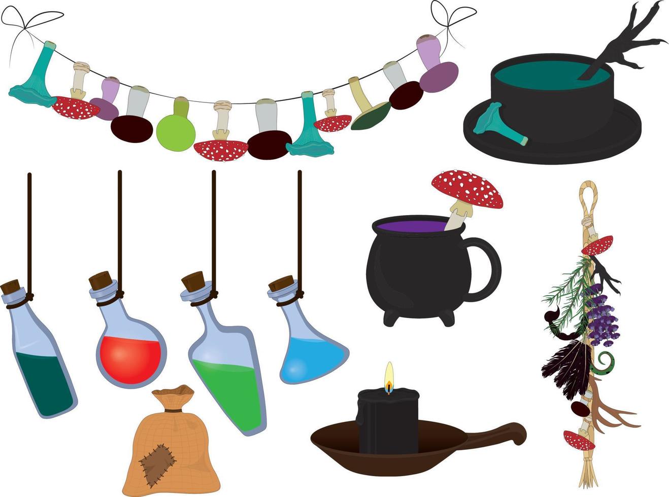 Witchs hut items for magic and alchemy collection vector illustration