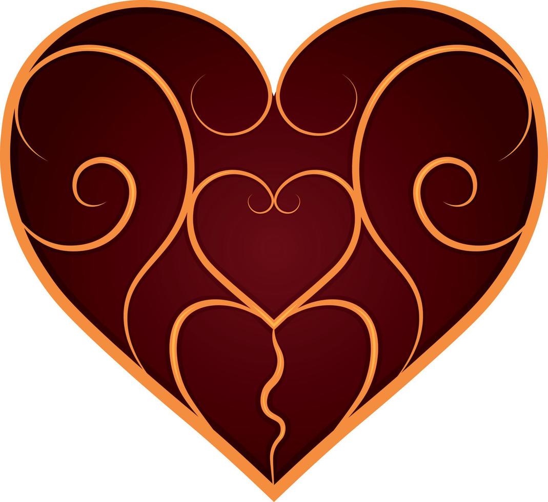 Deep red glowing heart with golden pattern on surface vector illustration