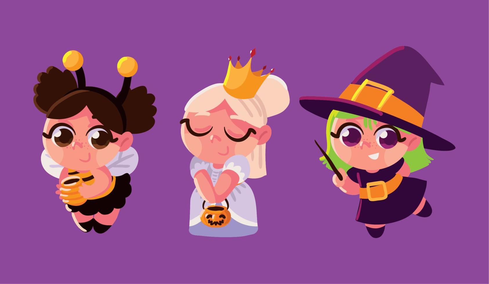 set of girls in costumes halloween vector