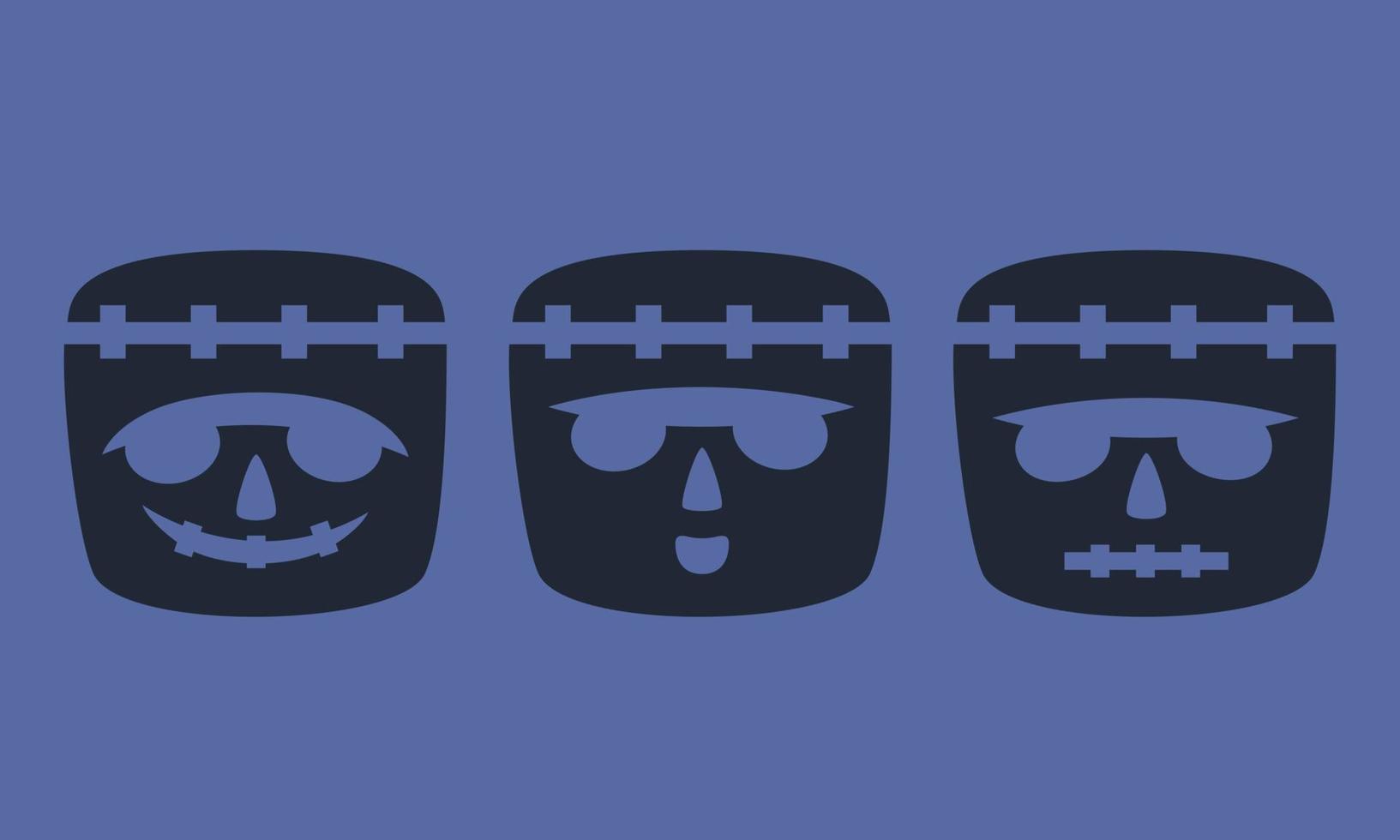 Set of Frankenstein monster faces. Halloween monster in black flat style. vector