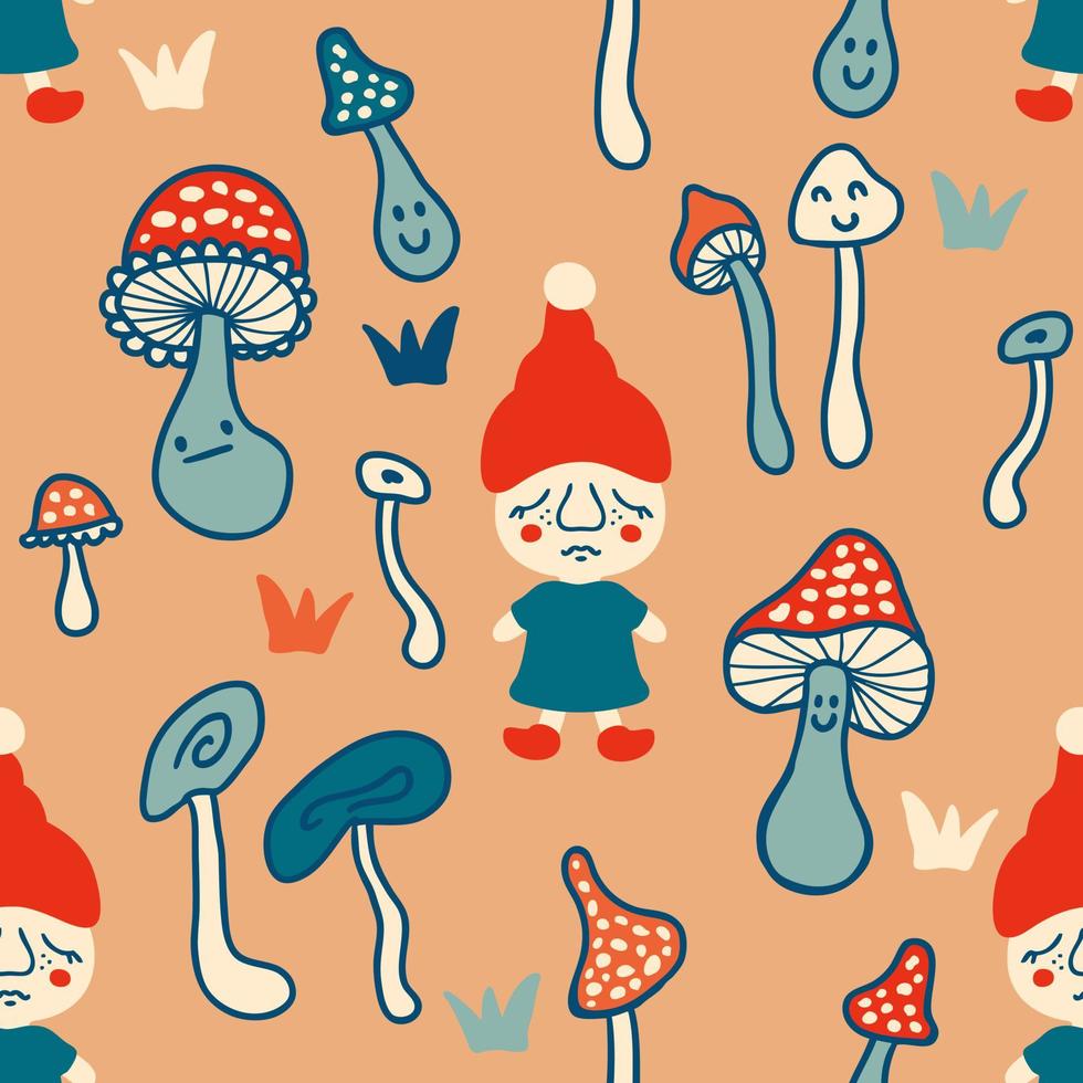 Fall seamless pattern with gnomes and agaric mushrooms. vector