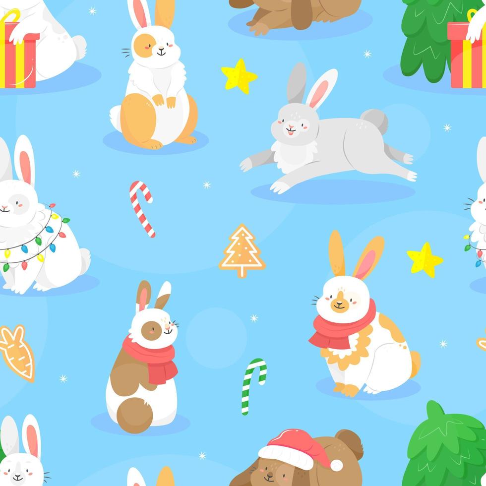Seamless pattern with cute cartoon-style Christmas rabbits with lollipops, stars and gingerbread cookies on blue background. Vector illustration background.