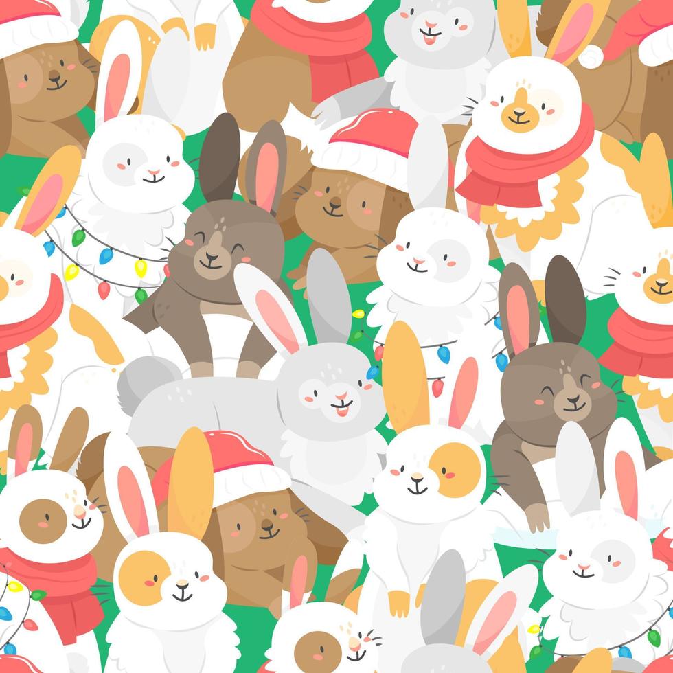 Seamless pattern with Christmas bunnies in cartoon style. Vector Christmas illustration background. 2023 year of the rabbit.