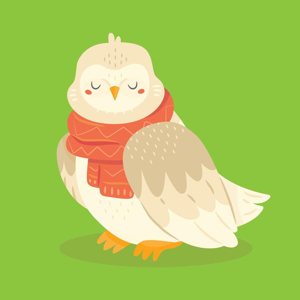 Cute owl in scarf in cartoon style. Vector Christmas and New Year illustration of an animal character.