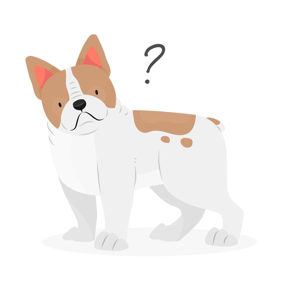 A french bulldog dog with a question mark. Dog question. An uncomprehending dog with its head tilted. Vector pet illustration.