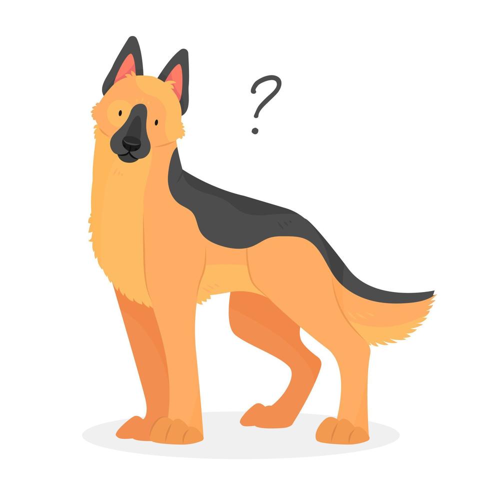 A german shepherd dog with a question mark. Dog question. An uncomprehending dog with its head tilted. Vector pet illustration.