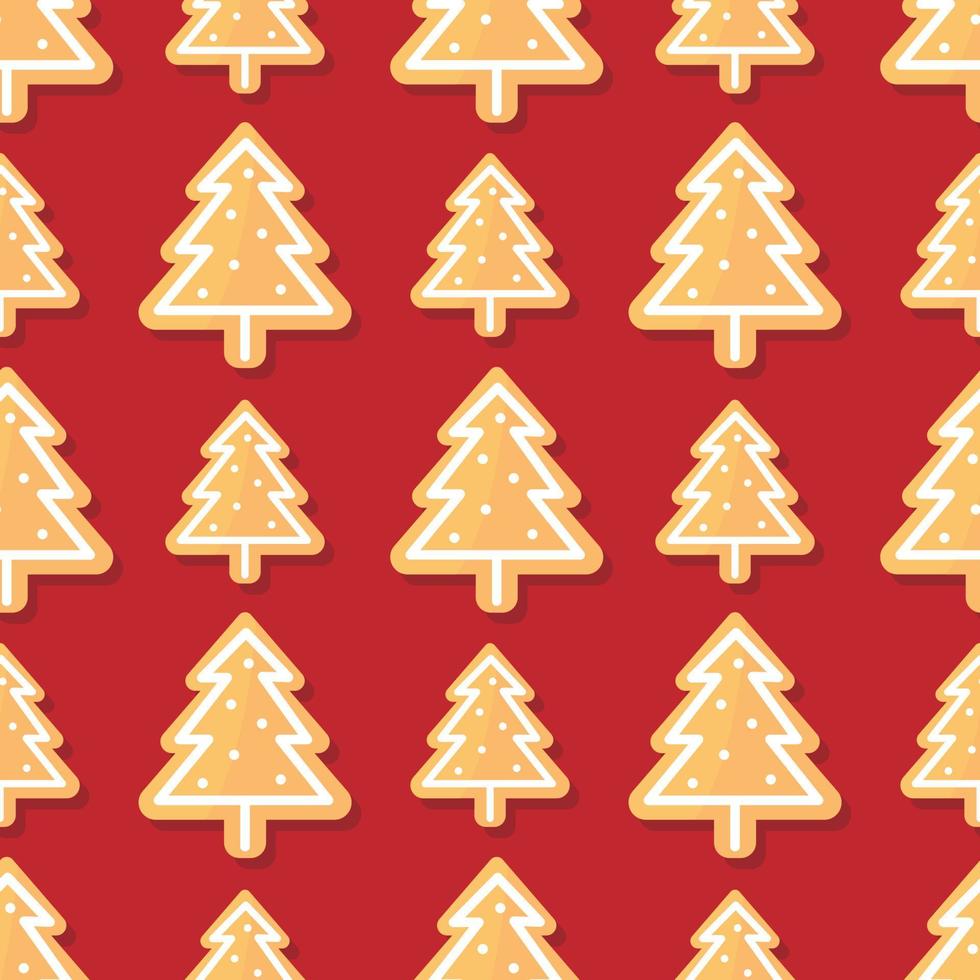 Lindo patrón sin costuras con dibujos animados de Navidad panes de jengibre galletas-árbol de Navidad sobre fondo rojo. el fondo de ilustración de comida de vector de año nuevo.