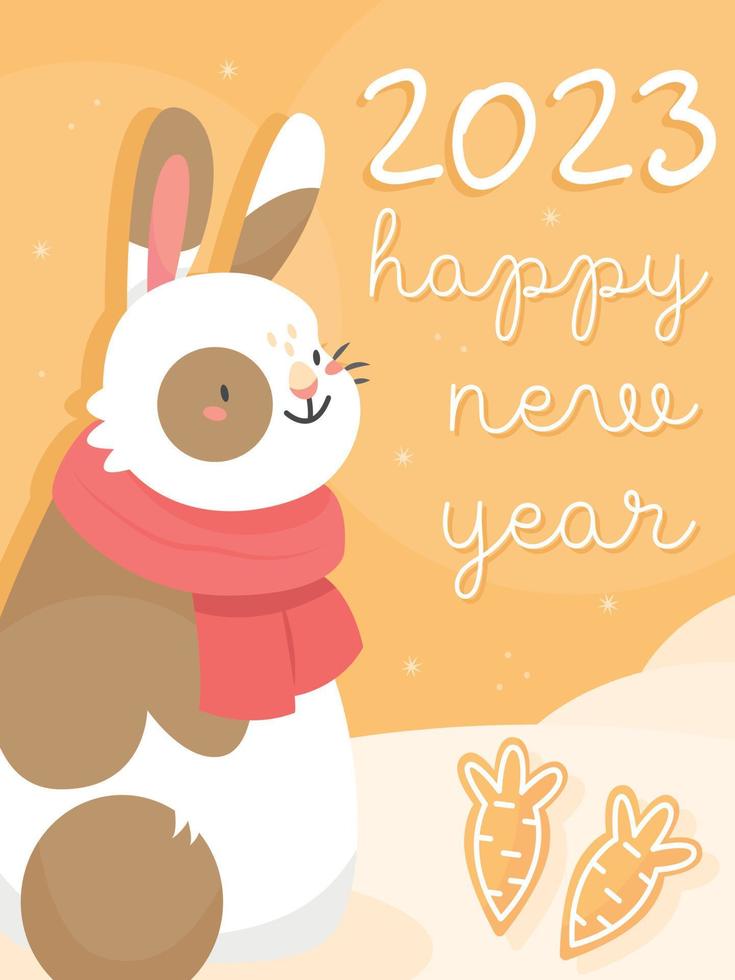The design of the New Year's postcard 2023 rabbit. A card with a cute rabbit with gingerbread cookies in cartoon style and the text happy new year. Vector illustration.