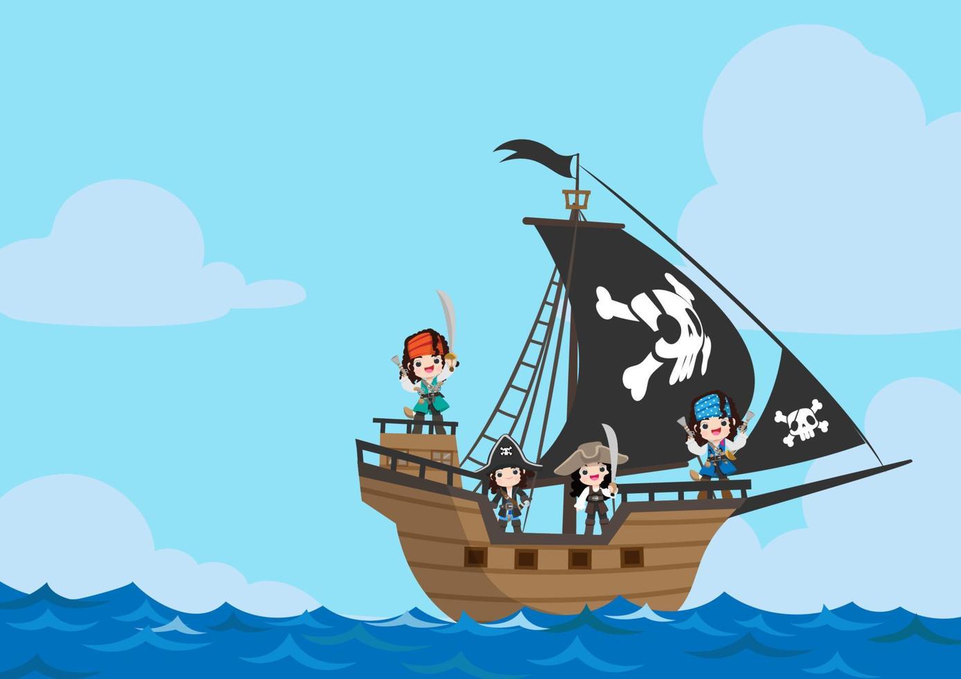 The pirate character wearing hat and standing in ship on the sea. vector