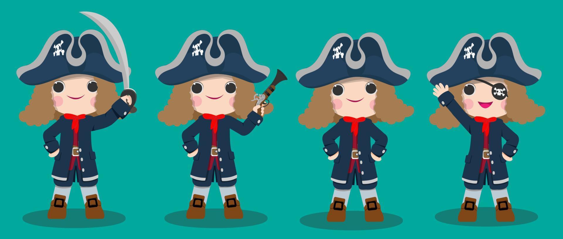 Cute pirate character wearing hat and standing with weapon. Marine travel and adventure design vector