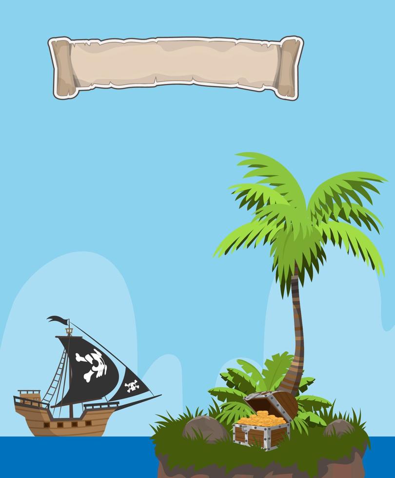 la escena de la isla del tesoro pirata tiene un cofre del tesoro lleno de monedas de oro, gemas y perlas. vector