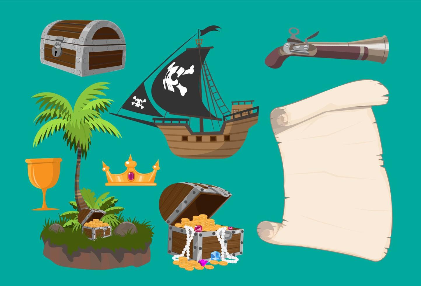 conjunto de objetos de arma de juego vectorial de dibujos animados piratas. colección de elementos de aventura marina vector