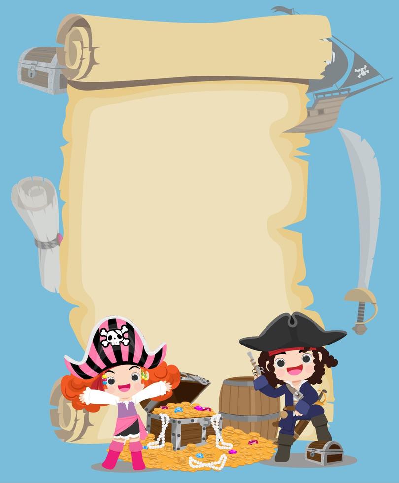 Pirate cartoon character with treasure scroll map and copy space vector