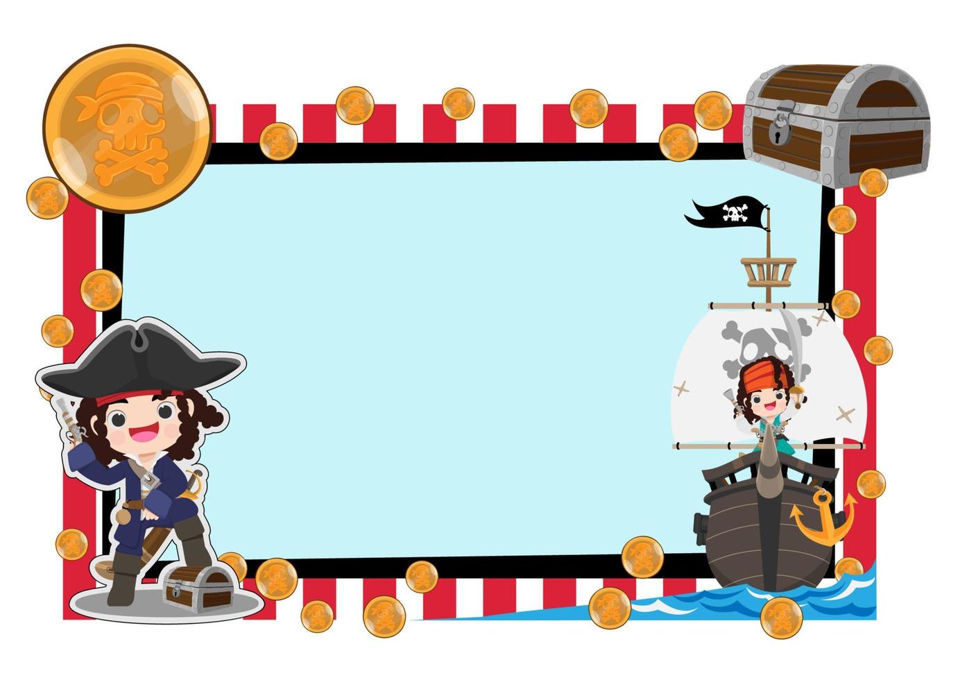 Pirate cartoon character with treasure frame and copy space vector