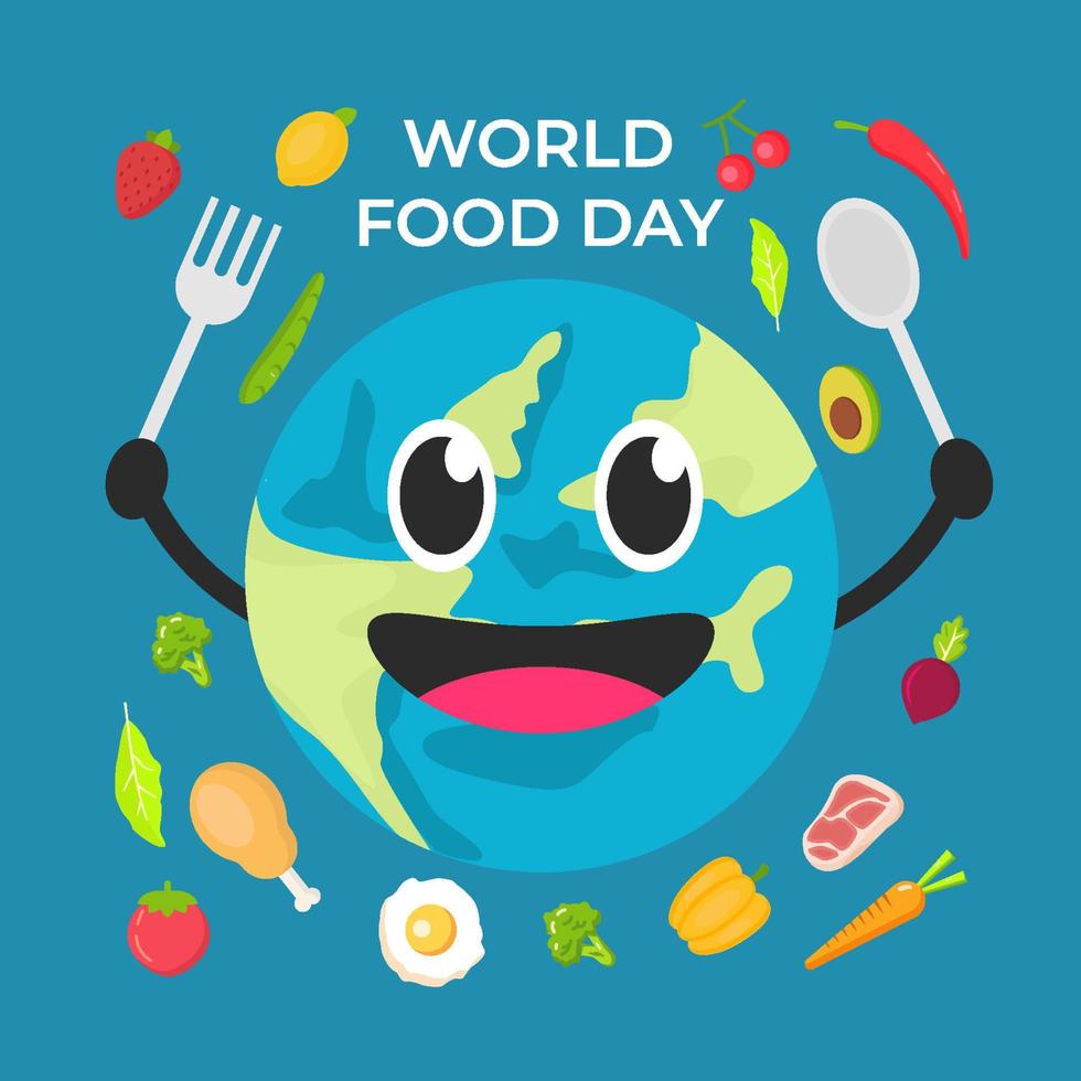 flat world food day illustration design with happy the earth holding fork and spoon vector