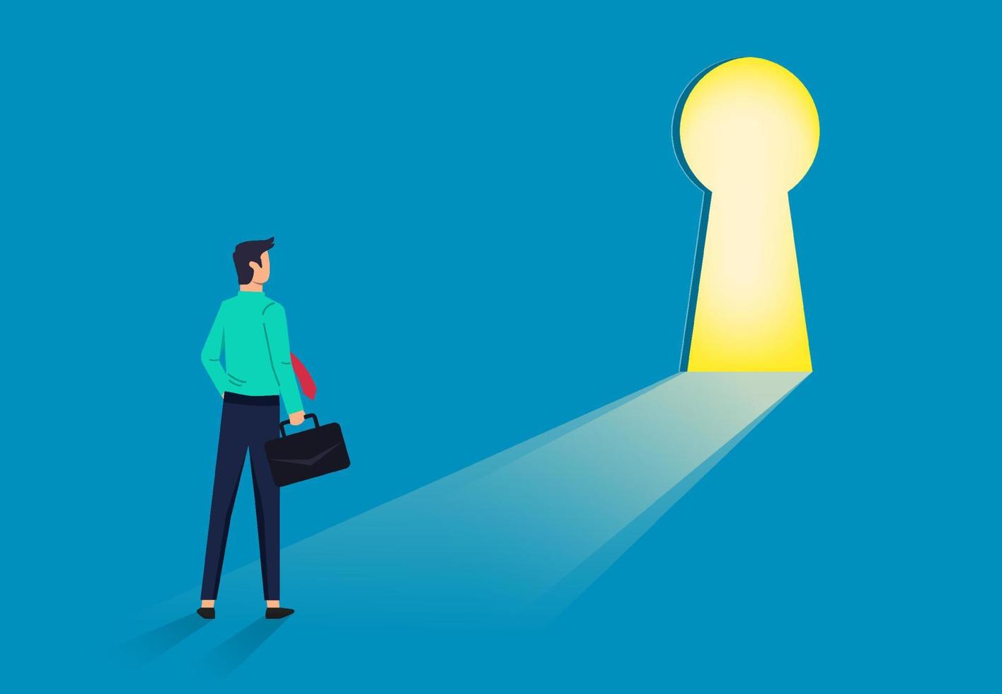 Businessman standing in front of keyhole. Man looks at open opportunities. Dream, success and opportunities concept vector
