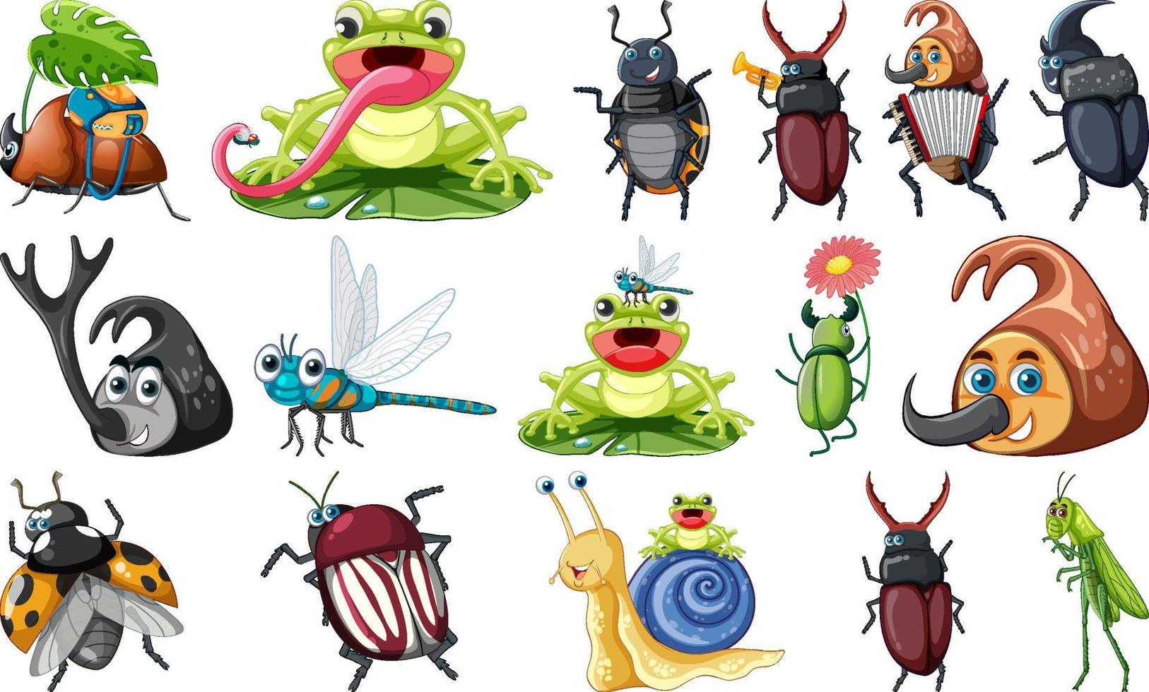 conjunto de varios dibujos animados de insectos y anfibios vector