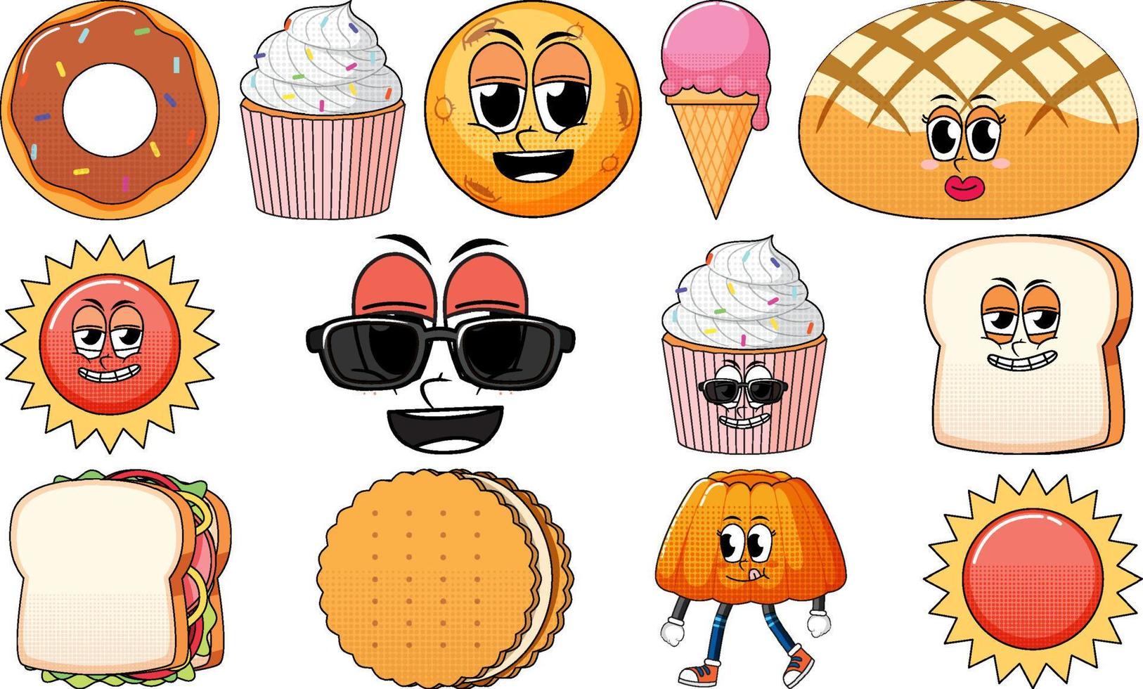 Set of objects and foods cartoon characters vector