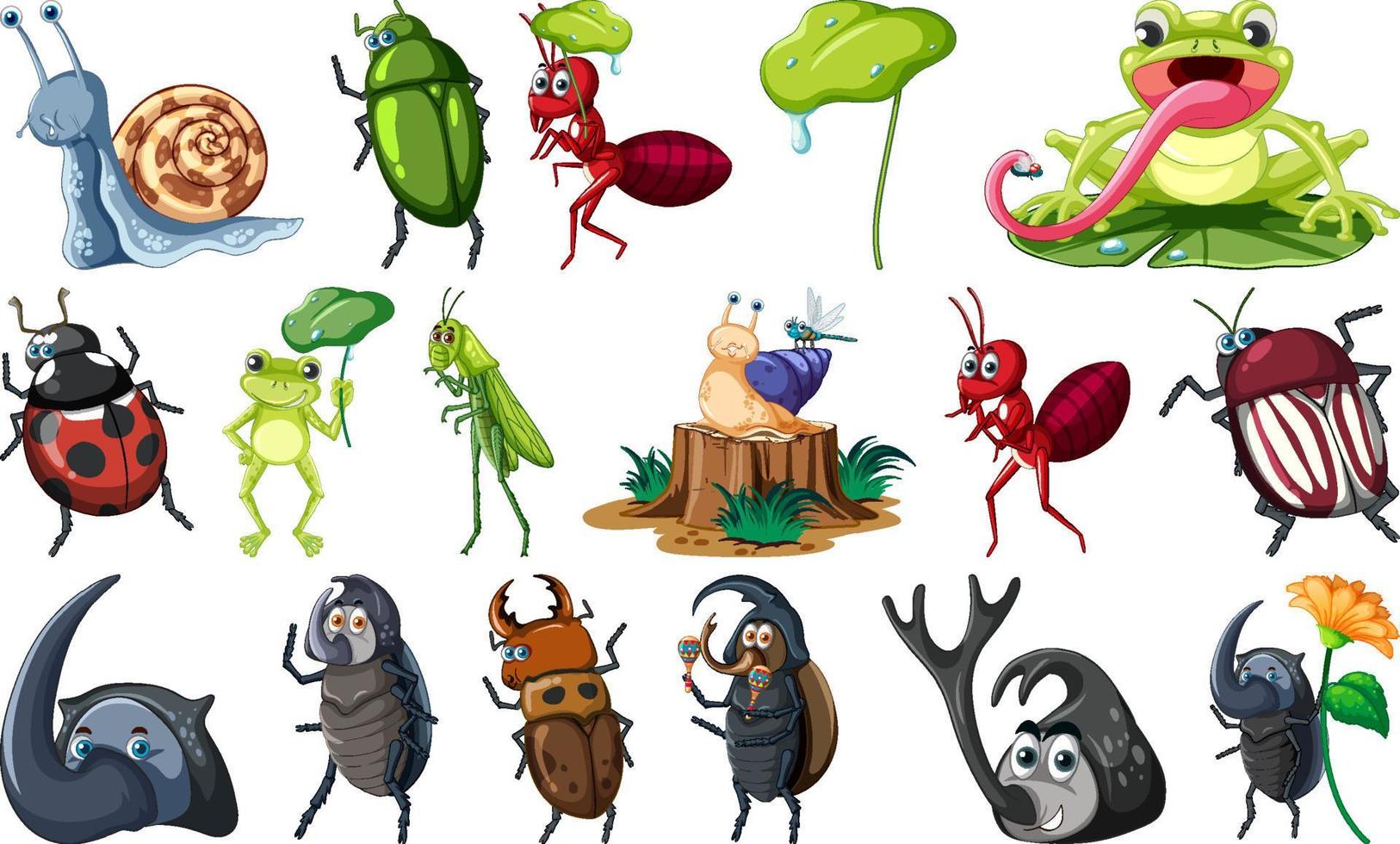 Set of various insects and amphibians cartoon vector