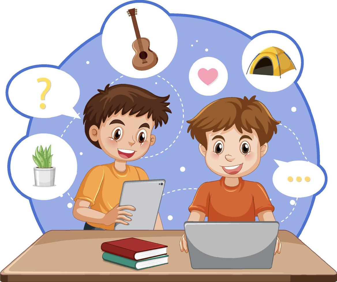 Children browsing internet on their laptop vector