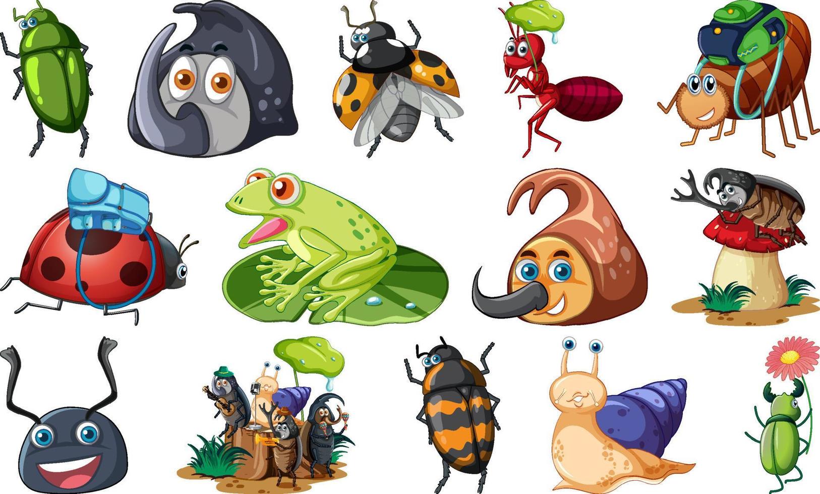 Set of various insects and amphibians cartoon vector