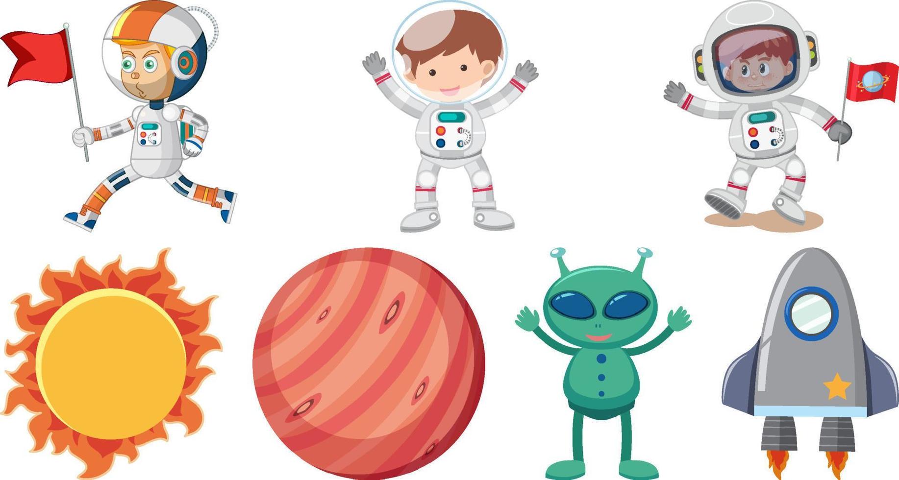 Set of space cartoon characters and objects vector