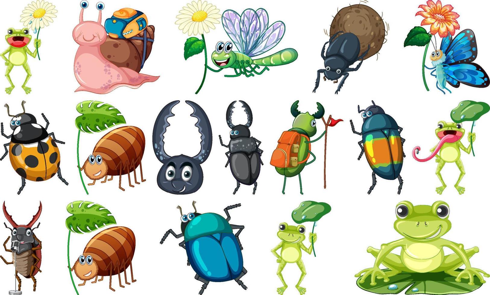 conjunto de varios dibujos animados de insectos y anfibios vector