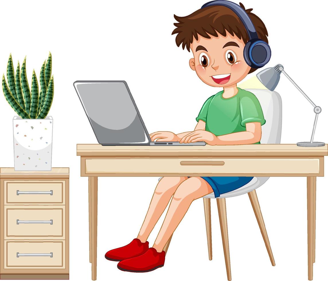 A boy browsing internet on laptop vector