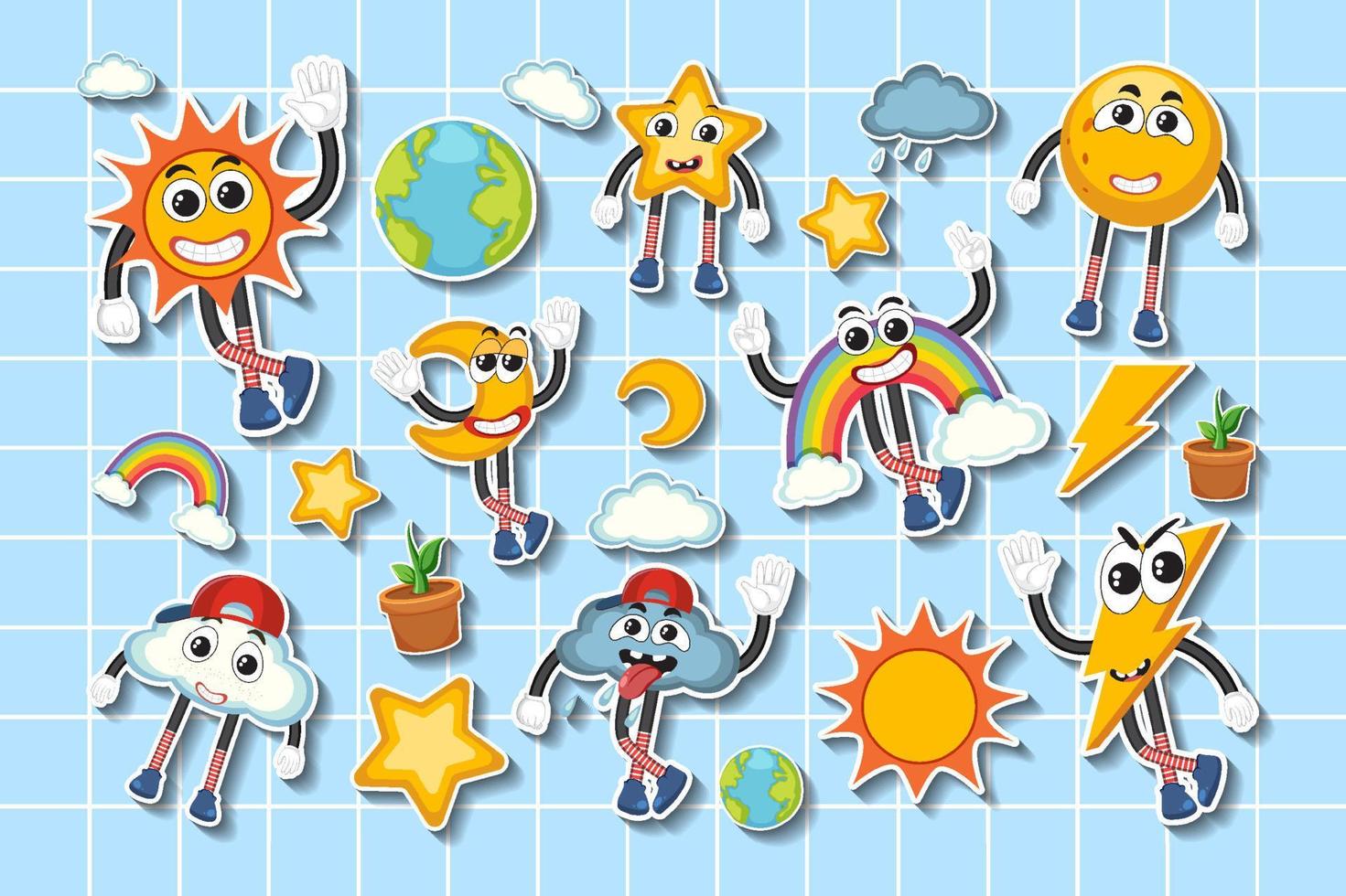 Set of weather sticker cartoon character on grid background vector