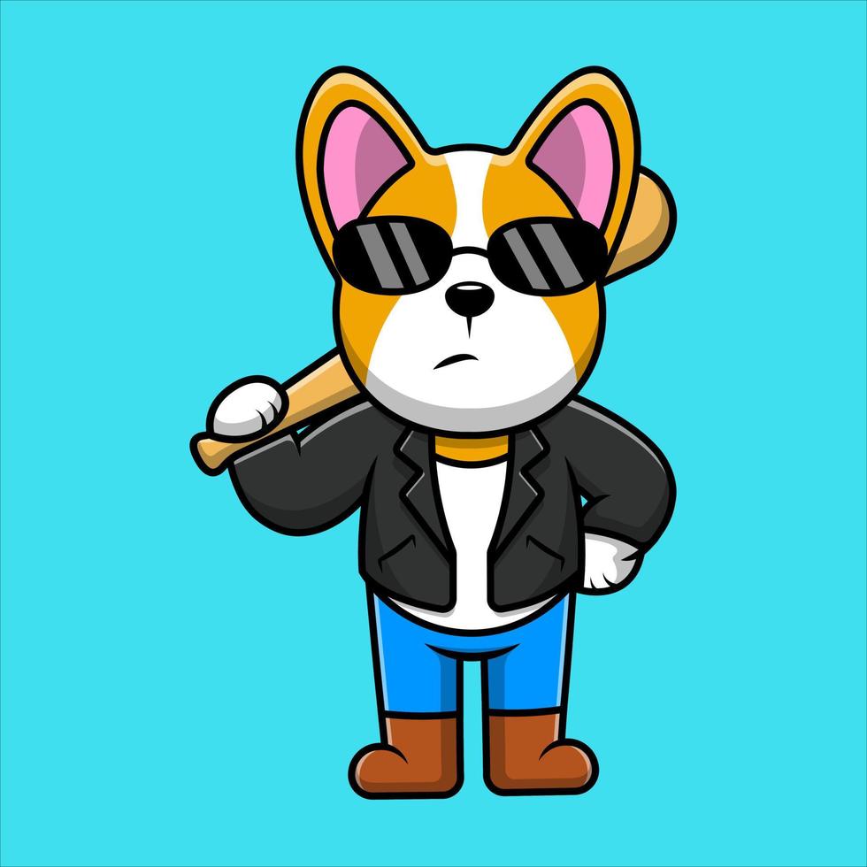 Cute Corgi Dog With Baseball Bat With Jacket And Glasses Cartoon Vector Icon Illustration. Flat Cartoon Concept