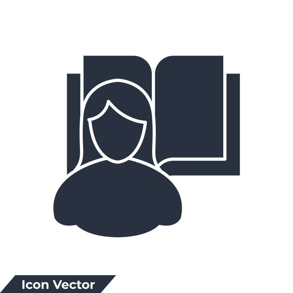 Ilustración de vector de logotipo de icono de autoestudio. plantilla de símbolo de niña y libro para la colección de diseño gráfico y web