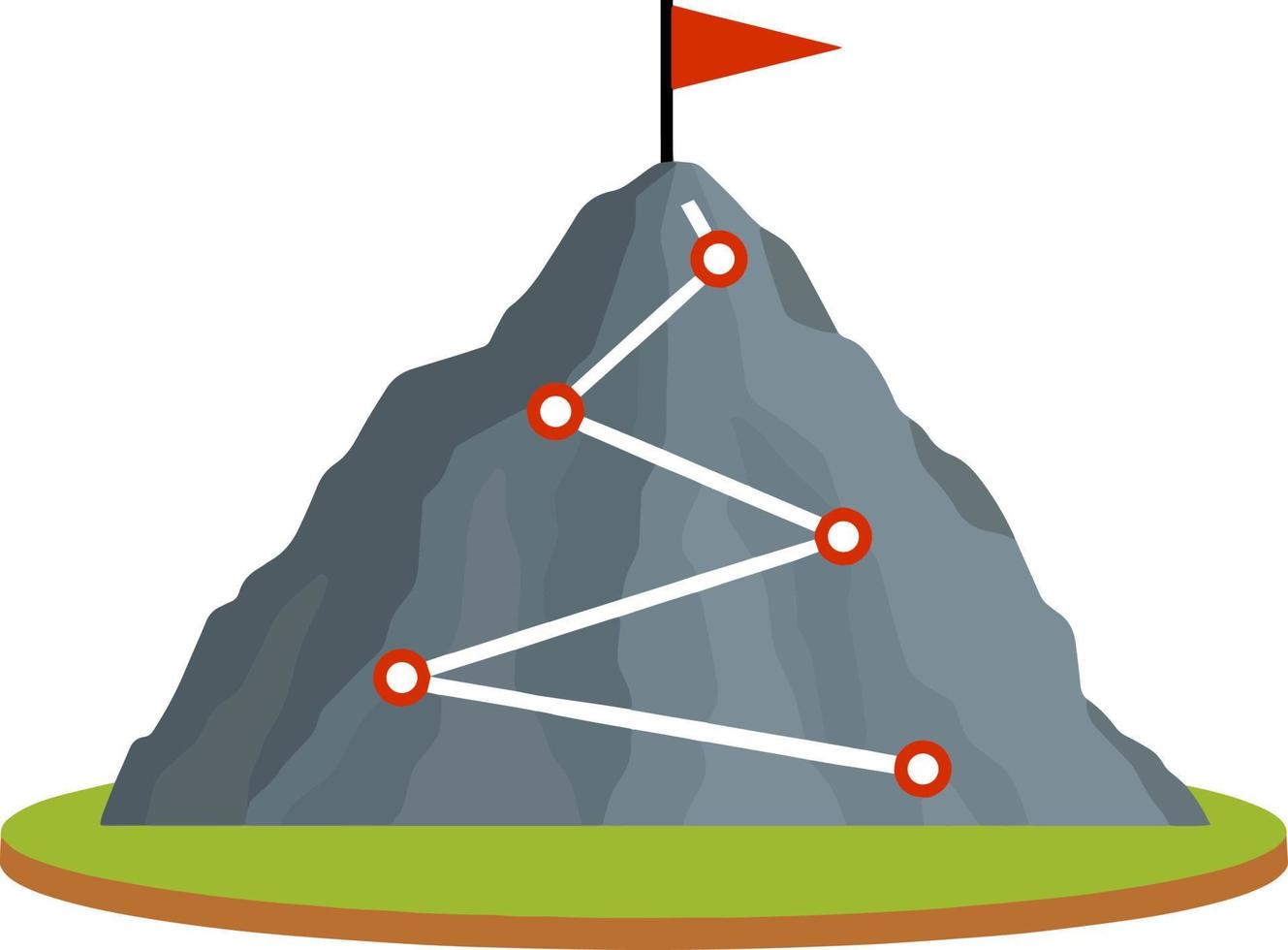 escalando montaña con bandera roja. puntos y etapas del recorrido. motivación empresarial en el crecimiento personal. montañismo y deportes. icono plano de dibujos animados. autodesarrollo y exito vector