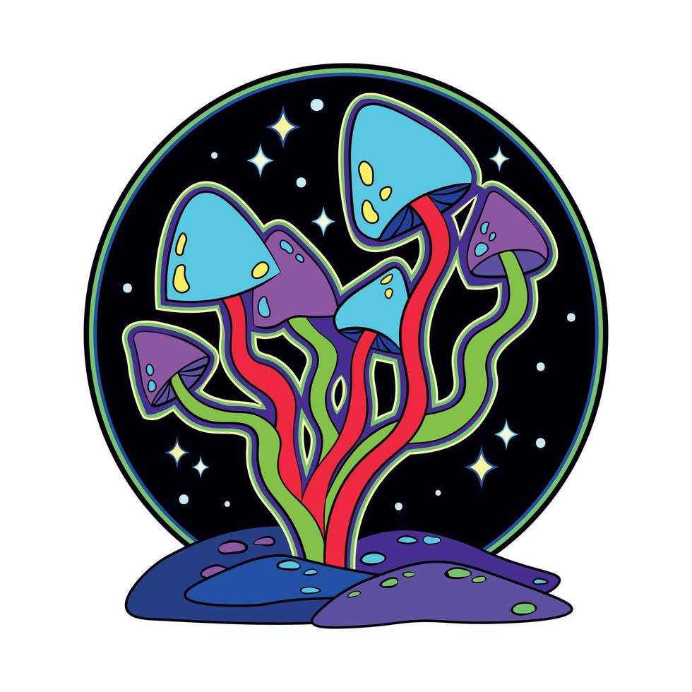 Magic Acid Trippy Mushrooms Print for T-shirt. Vector Illustration of Trippy Acid Psychedelic Mushrooms on Starry Background