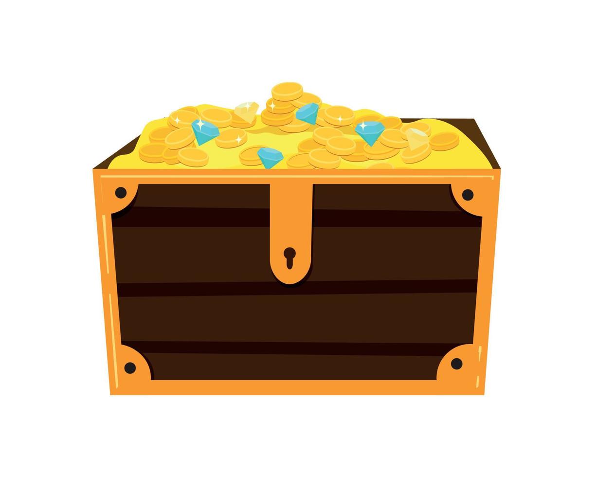 Wooden Cartoon Chest with Cartoon Golden Coins and Diamonds vector