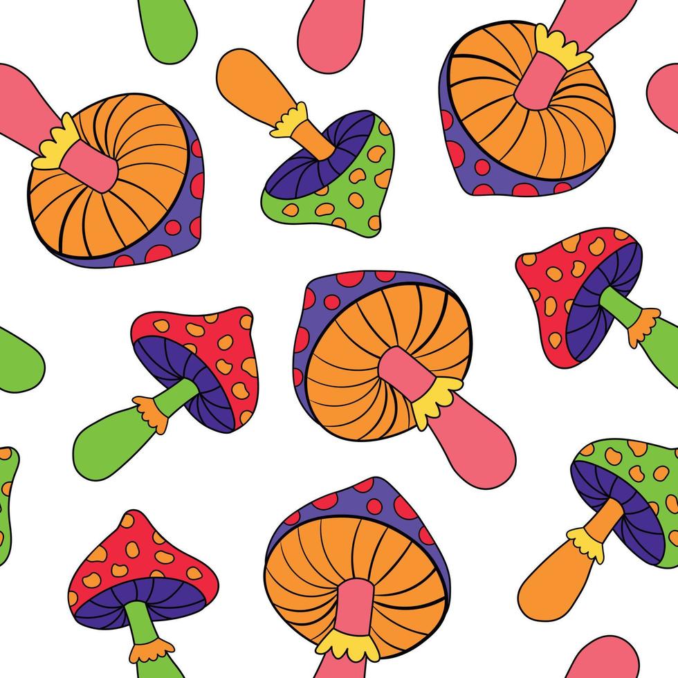 Seamless Vector Pattern with Trippy Magic Mushrooms. Cool Background with Vibrant Groovy Doodle Mushrooms