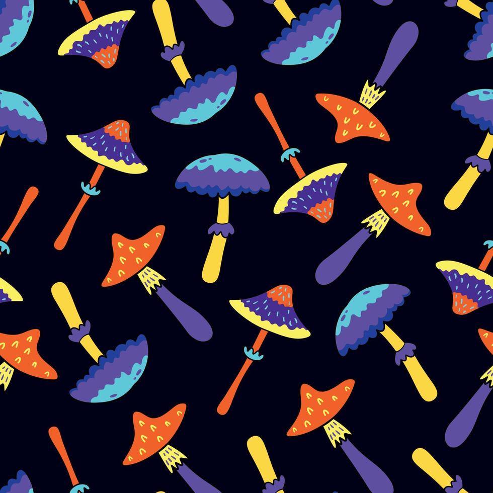 Seamless Pattern with Trippy Psychedelic Mushrooms on Dark Blue Background. Decorative Trippy Halloween Pattern with Vibrant Psychedelic Mushrooms vector