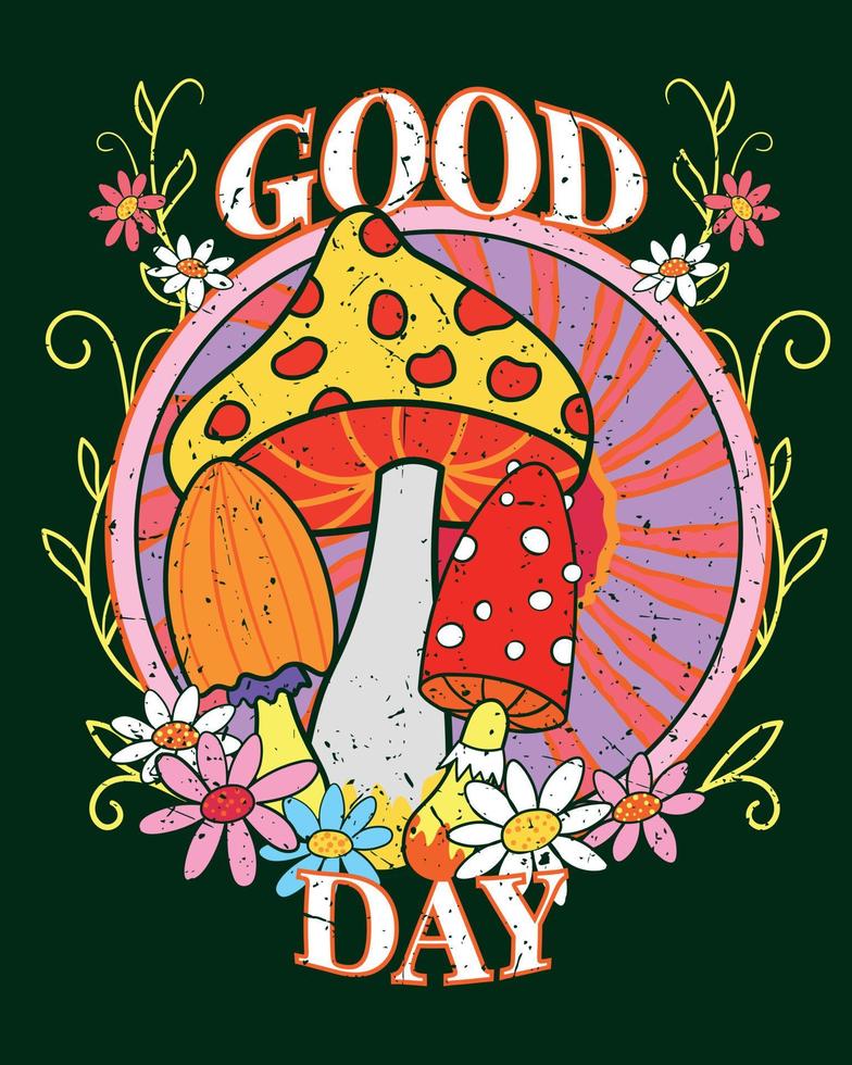 Magic Trippy Retro Print with Mushrooms and Flowers. Trippy Psychedelic 70s Mushrooms T-shirts Graphic Design vector