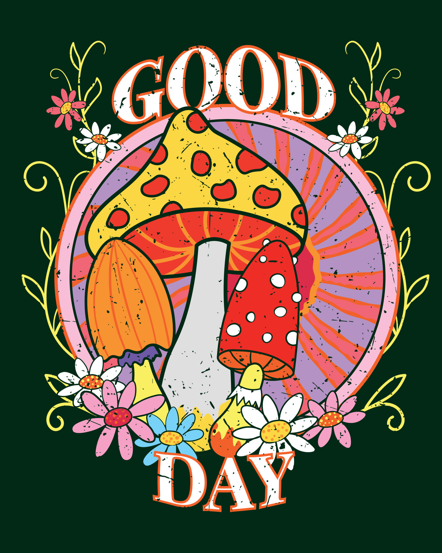 Magic Trippy Retro Print with Mushrooms and Flowers. Trippy Psychedelic