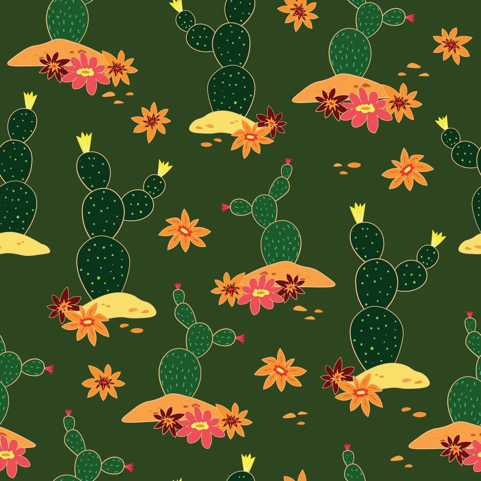 Vintage Western Style Seamless Pattern with Desert Cacti and Flowers on Green Background vector