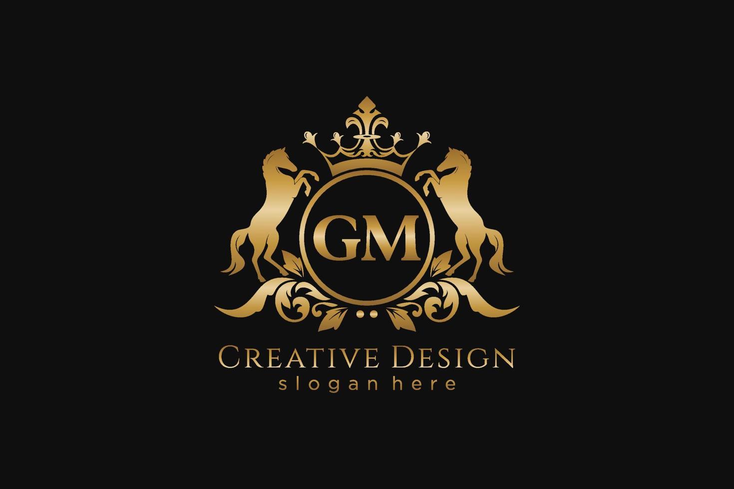 initial GM Retro golden crest with circle and two horses, badge template with scrolls and royal crown - perfect for luxurious branding projects vector