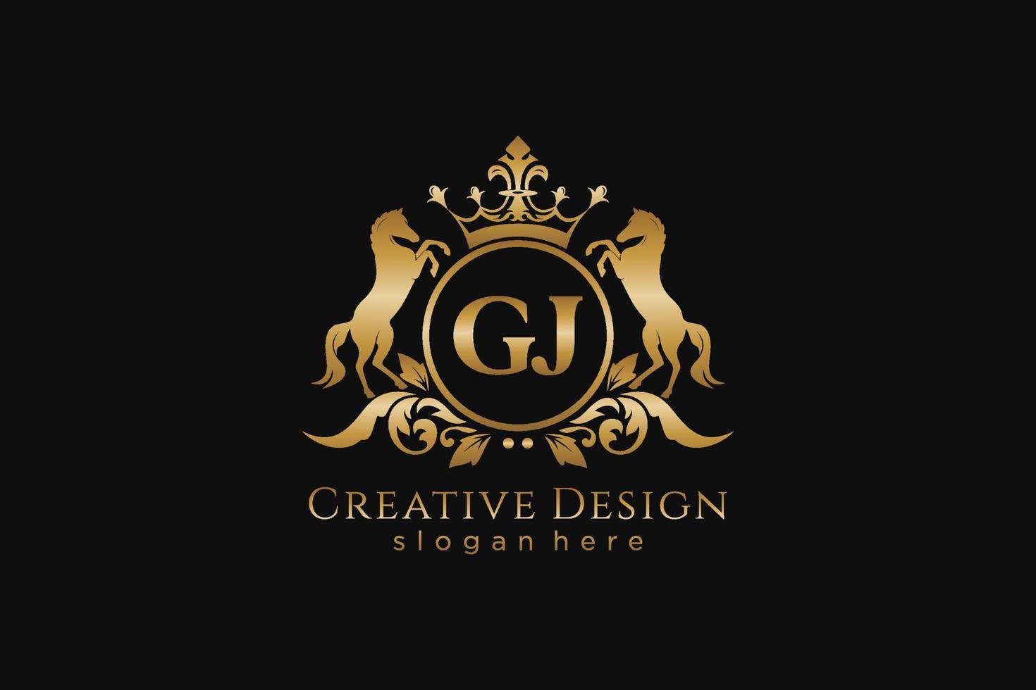 initial GJ Retro golden crest with circle and two horses, badge template with scrolls and royal crown - perfect for luxurious branding projects vector