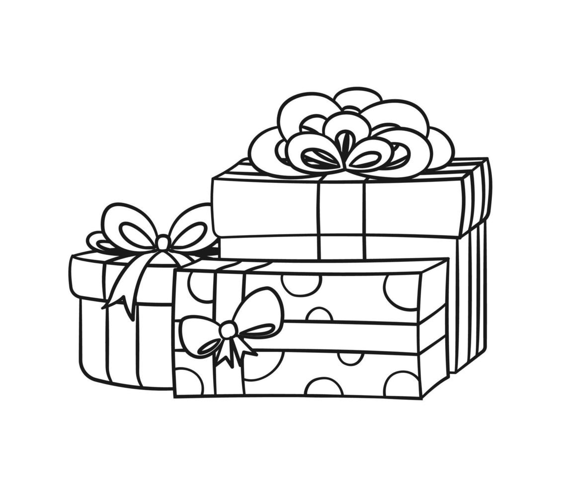 Colorful festive gifts, boxes and presents outline cartoon illustration. Christmas or birthday gifts with bows. Coloring book page printable activity worksheet for kids. vector