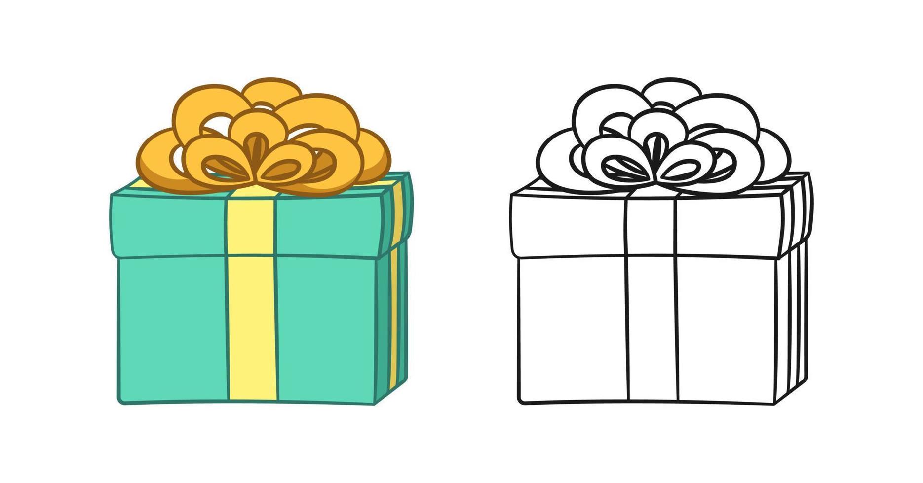 caja de regalo con imágenes prediseñadas de dibujos animados de arco. ilustración de regalo de navidad o cumpleaños. conjunto de colores y contornos. página de libro para colorear hoja de trabajo de actividad imprimible para niños. vector