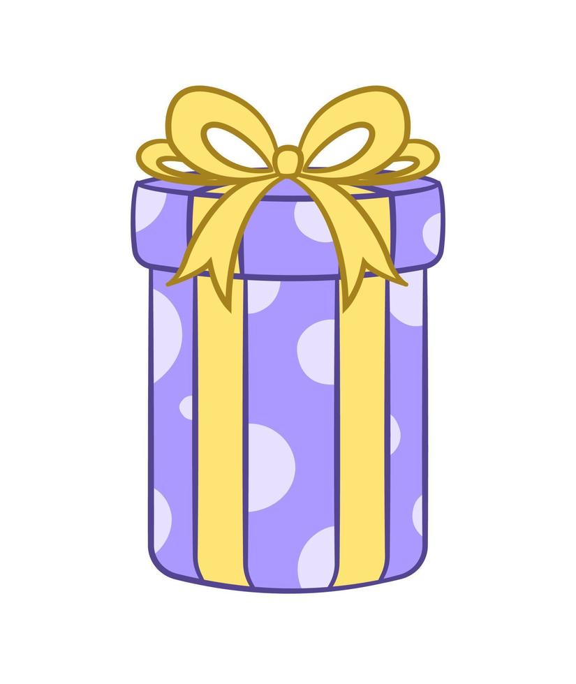 Round gift box with polka dots and bow cartoon. Christmas or birthday present illustration. vector