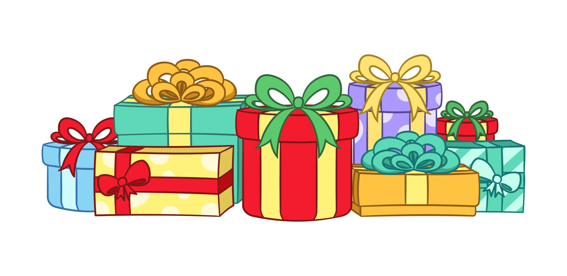 Colorful festive gifts, boxes and presents cartoon illustration. Christmas  or birthday gifts with bows. 11481083 Vector Art at Vecteezy
