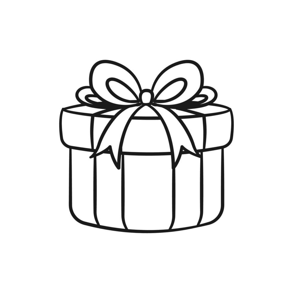 Round gift box with bow cartoon. Christmas or birthday present illustration outline. Coloring book page printable activity worksheet for kids. vector