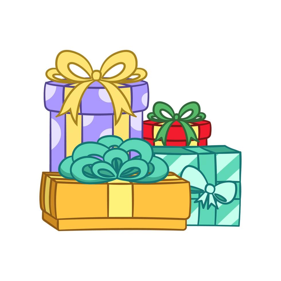 Conjunto De Dibujos Animados De Cajas De Regalo De Color. Los Regalos Están  Apilados. Vacaciones De Cumpleaños Ilustración del Vector - Ilustración de  objeto, elemento: 259153301