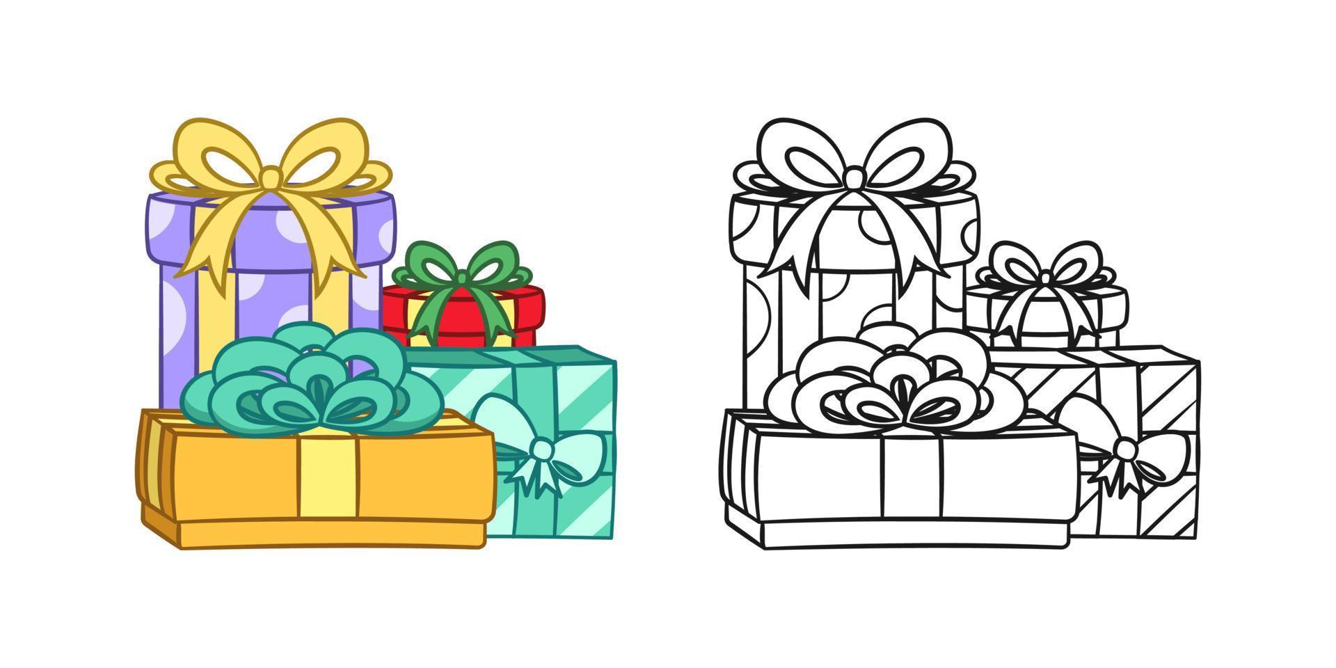 cajas de regalo con dibujos animados de arco. conjunto de colores y contornos. ilustración de regalo de navidad o cumpleaños. hoja de trabajo de actividad de página de libro para colorear para niños. vector