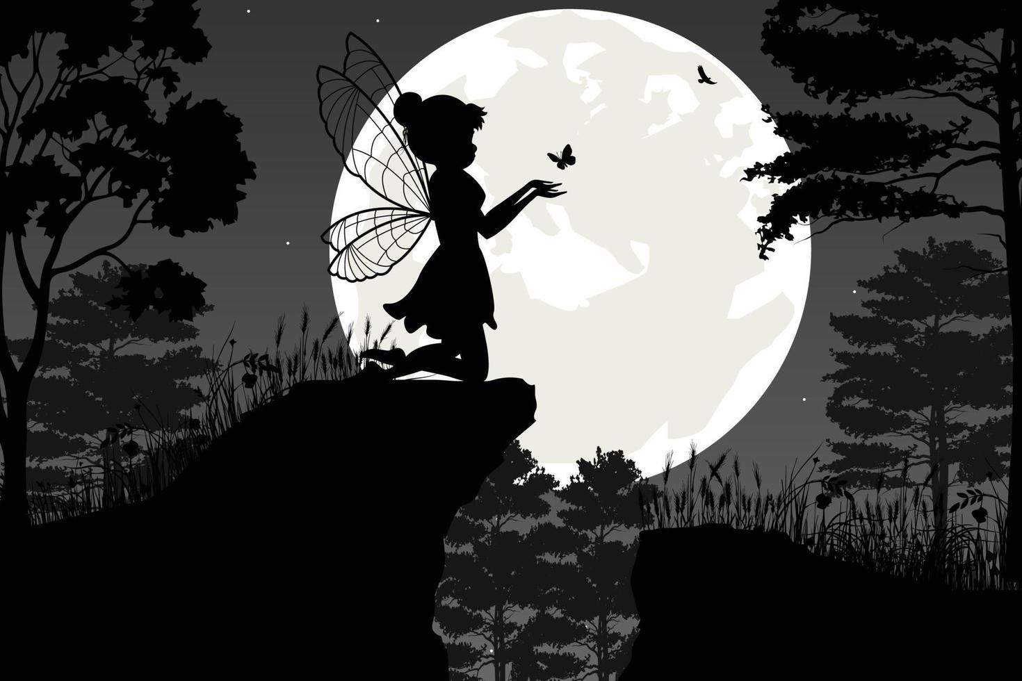 cute fairy and moon silhouette landscape vector
