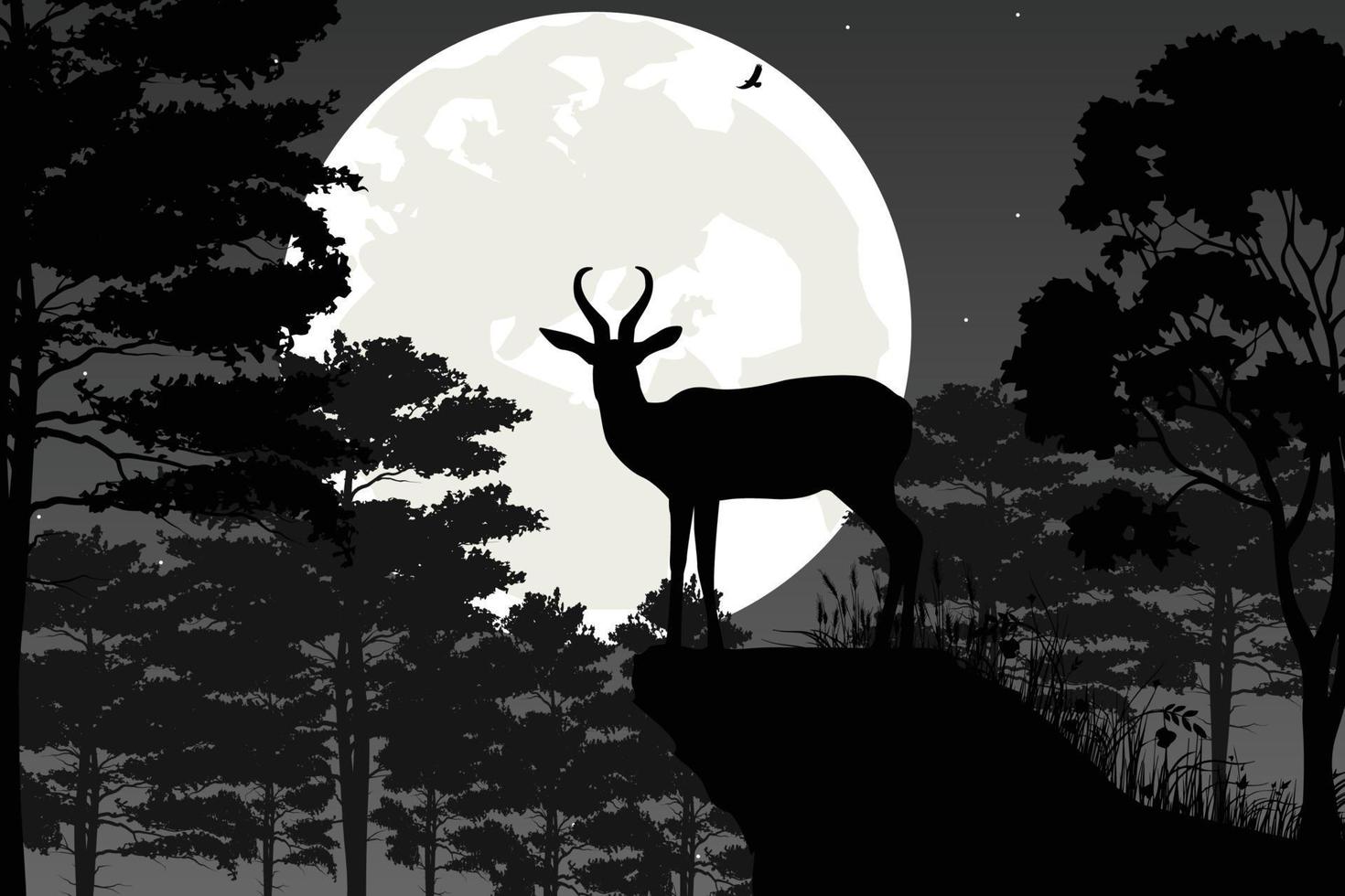 lindo paisaje de silueta de ciervo y luna vector